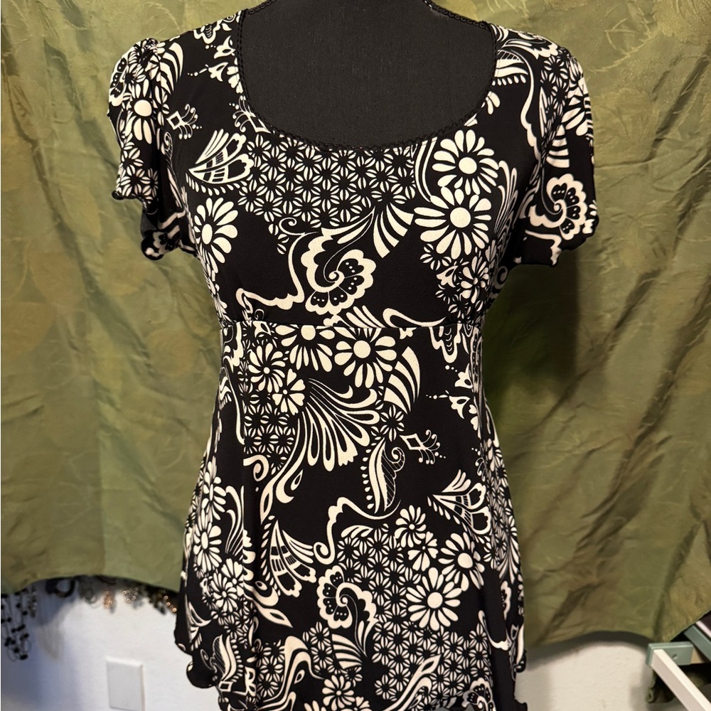 Oh! Mamma Black and White Floral Blouse Tie Waist Sz M